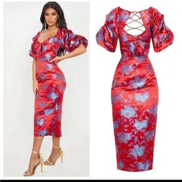 NWT Pretty Little Thing Red Floral Jaquard Lace Up Back Midi Dress Size 10 - Picture 1 of 3